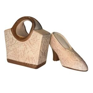 FIGI Damask Purse & Shoe Salt Pepper Shakers Blush Brown Ceramic Retro Style